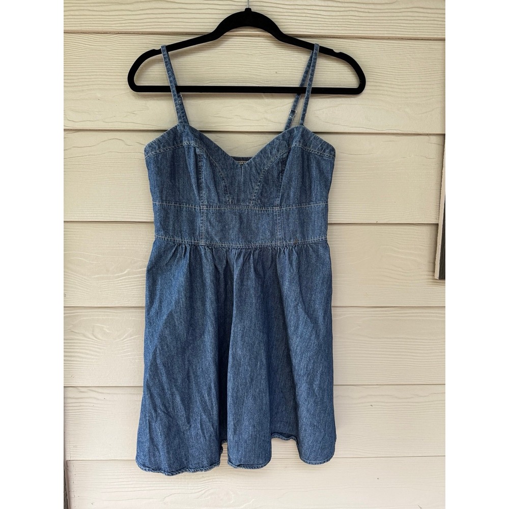 Express Denim Mini Dress Small Y2K Corset Bustier Smocked Back Babydoll